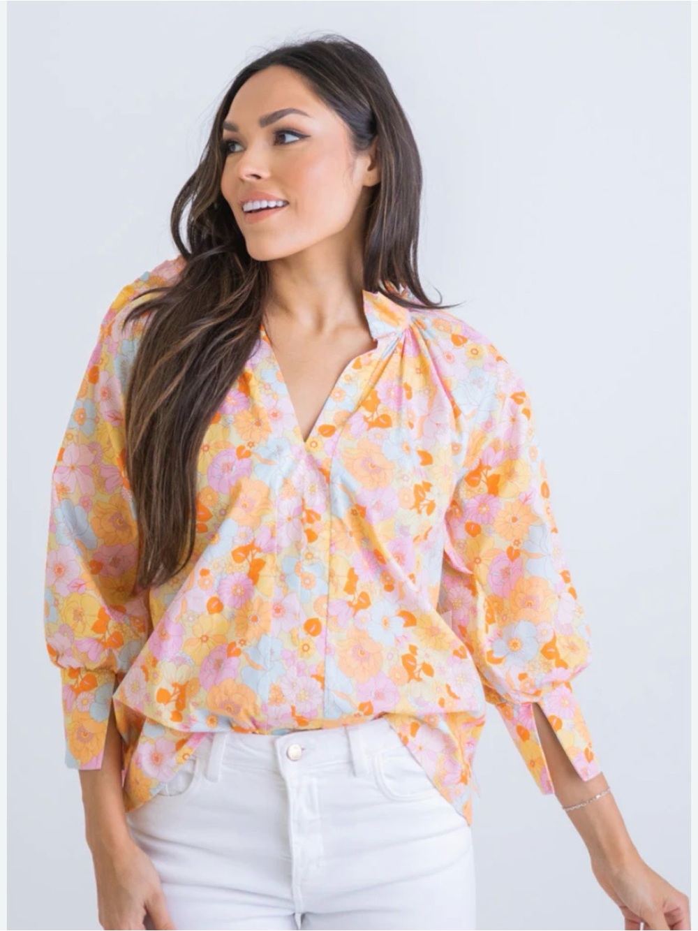Karlie London Floral Poplin open sleeve top vibrant multi-color floral print M